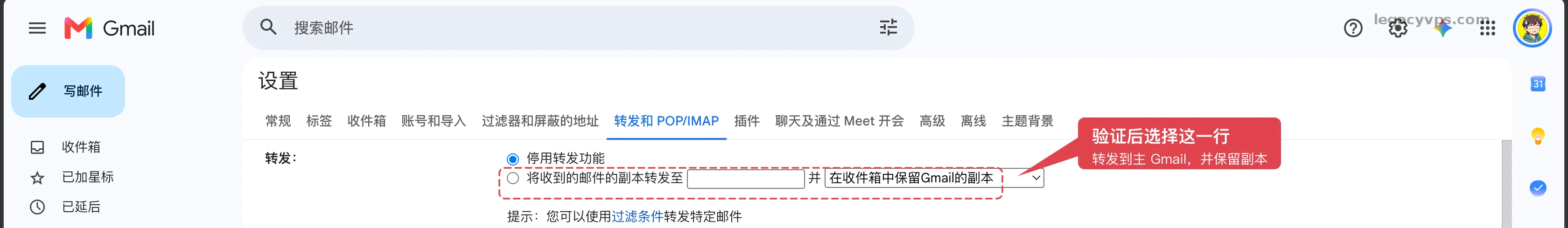 Gmail 验证后需要选择的转发与保留副本选项